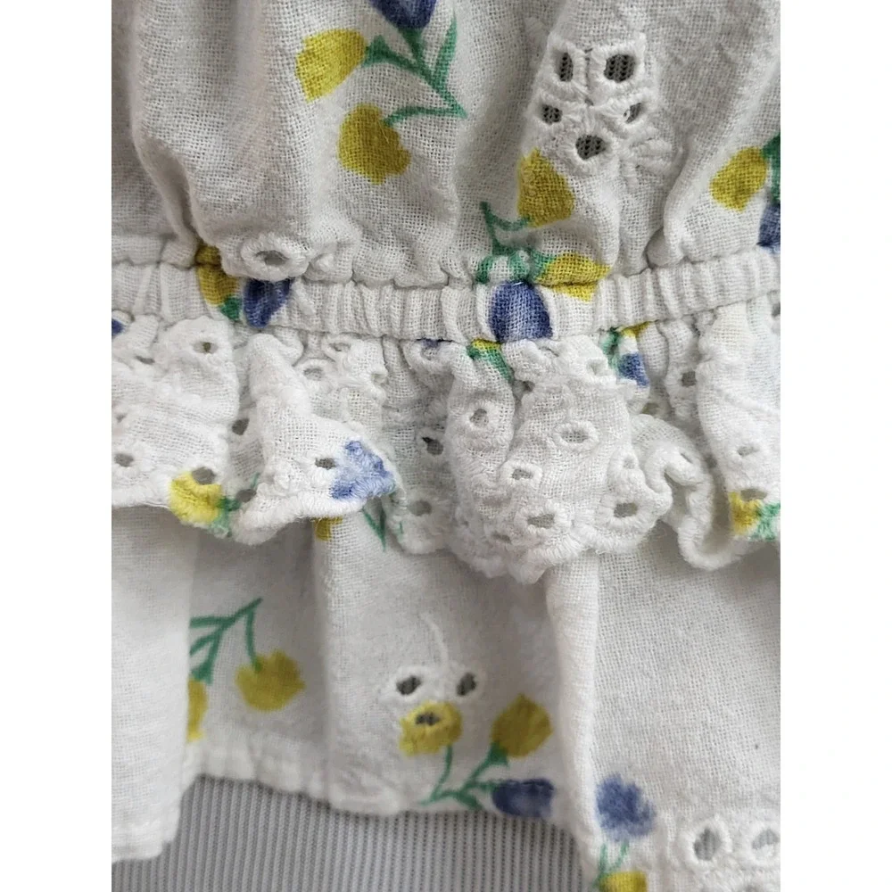 Zara White Yellow Floral Eyelet Smocked Crop Top Blouse Puff Sleeve Large